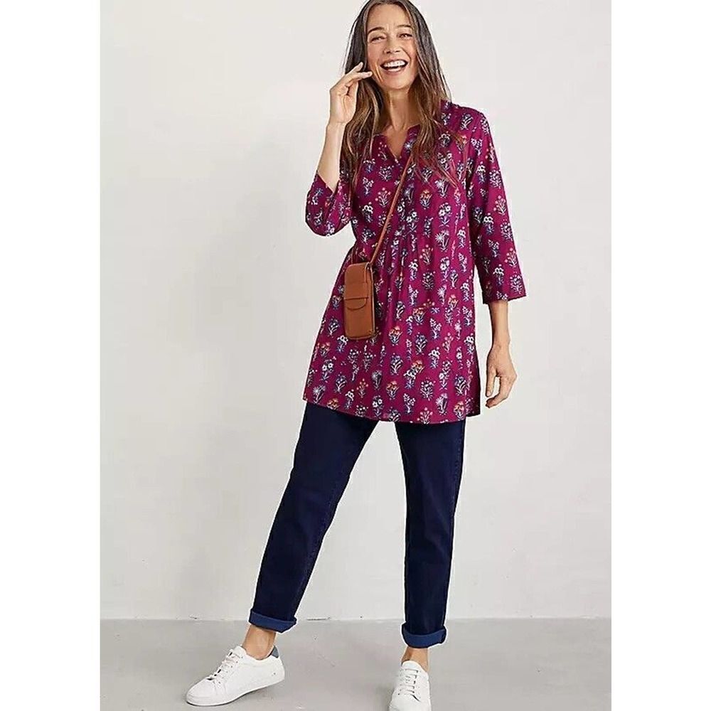 Seasalt Aventurier cotton tunic top, magenta dark Floral US 8 EU 40 UK 12